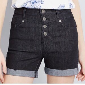 Modcloth Karaoke Seamstress Dark Black Wash High Waisted Button Fly Shorts EUC 8